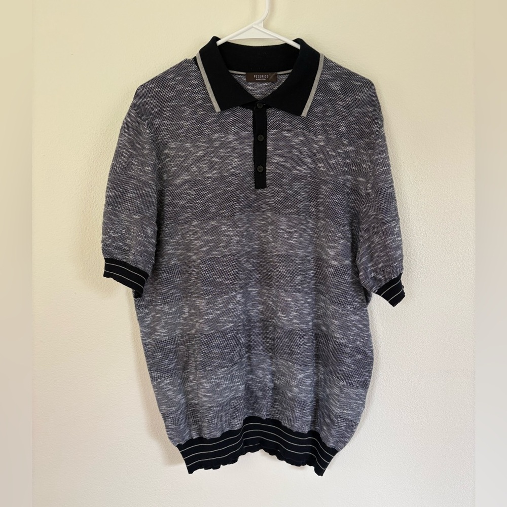 Peserico Men's Heathered Navy and Black Knit Cotton Polo Size 52 Italian Luxury